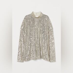 H&M | NWOT L/XL SEQUINED TOP WITH HIGH MOCK COLLAR LONG SLEEVED SHEER BLOUSE